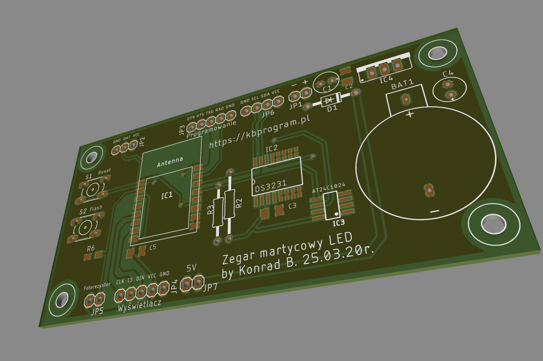 Zegar LED - model 3D PCB